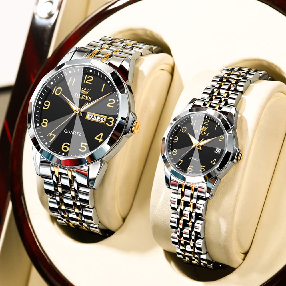 OLEVS Watches Popular Pair Stainless White Gift Pair Watches Couple's - Gift, Watches, Quartz, Stylish, Steel, Easy-to-Read Date, Luminous, & Black,