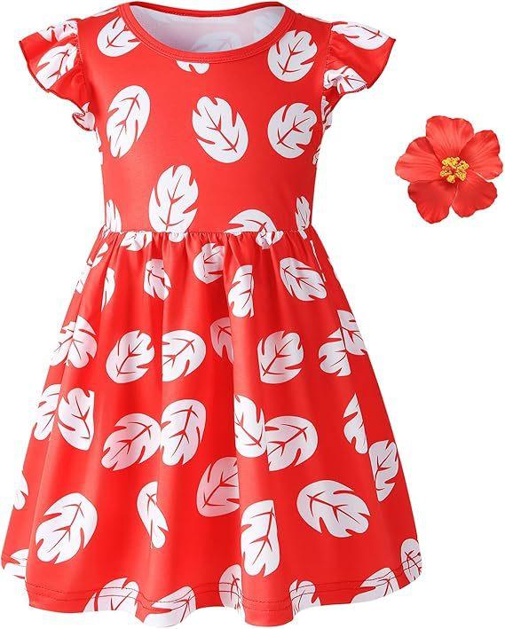 Girls Red Leaf Print Dress for Summer Halloween Christmas Costume Play