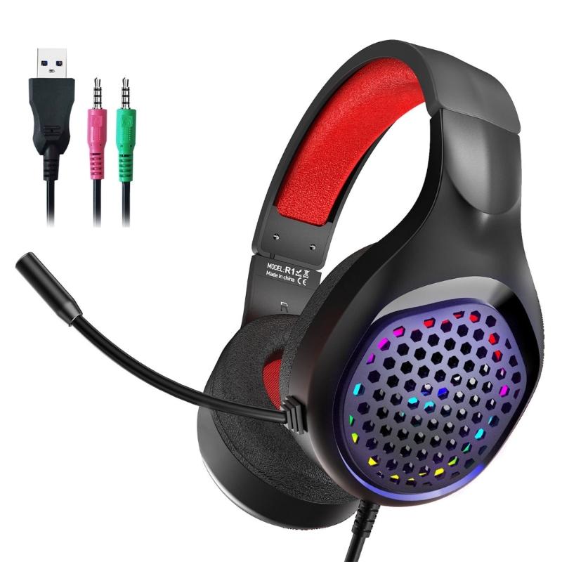 Gaming Headphone with Microphone for PC Corded Noise Cancelling Over Ear Headphone with LED Light for Computer