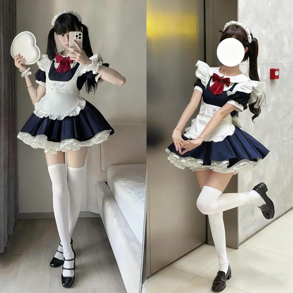 AOTYP Dienstmädchen Kostüm mit Süßem Lolita Alice Idol Gothic Dienstmädchen Café Größe 3XL Strumpfhosen, Uniform, Anime, Kleid, Spitze, Kostüm, Lolita, Damen, Kostüm, Marineblau,