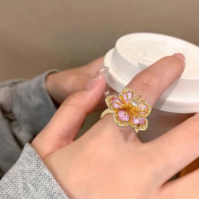 Women Ring Shiny Cubic Zirconia Flower Shape Finger Ring Adjustable Design Ring Exquisite Workmanship Jewelry Piece