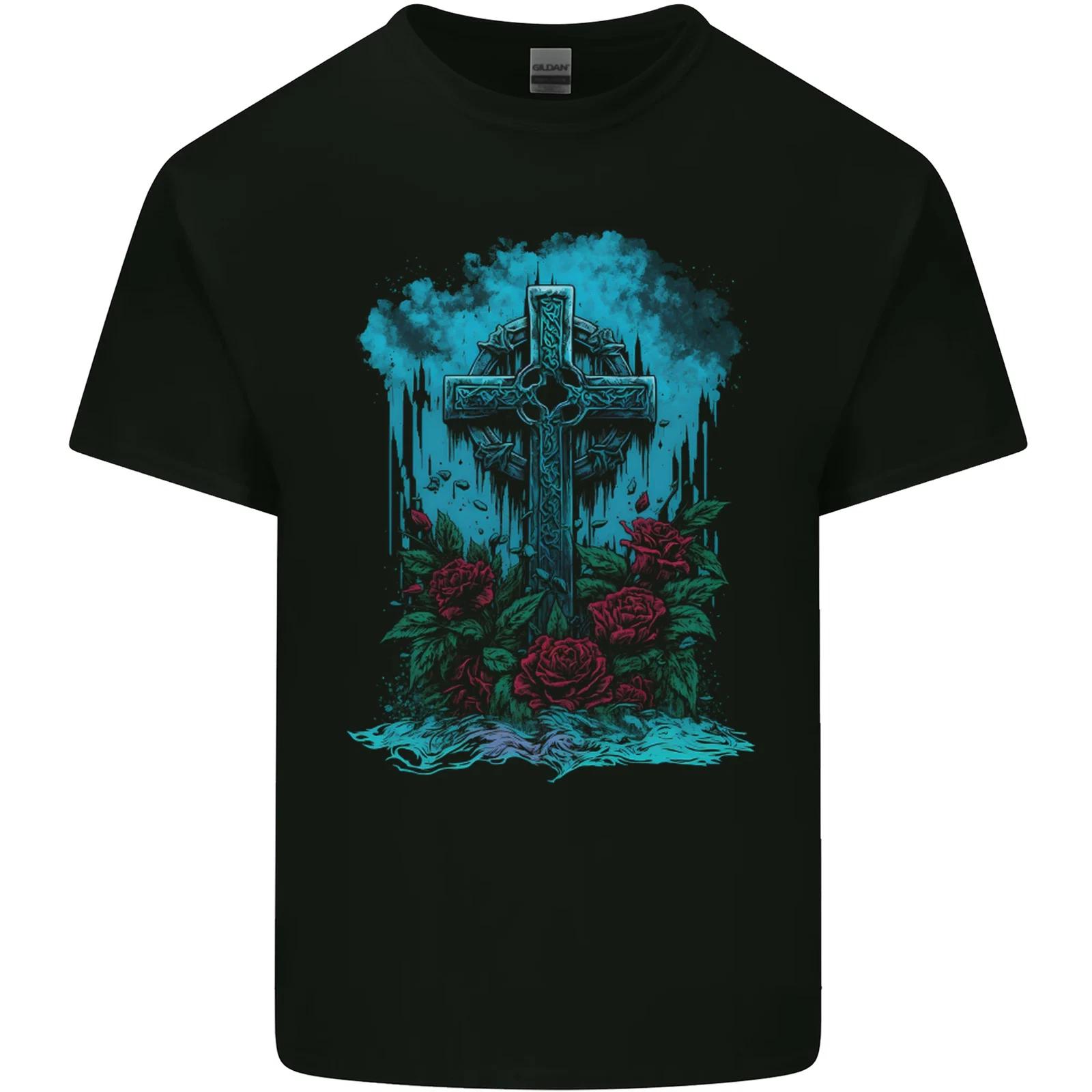 A Gothic Celtic Cross and Roses Kids T-Shirt Childrens S