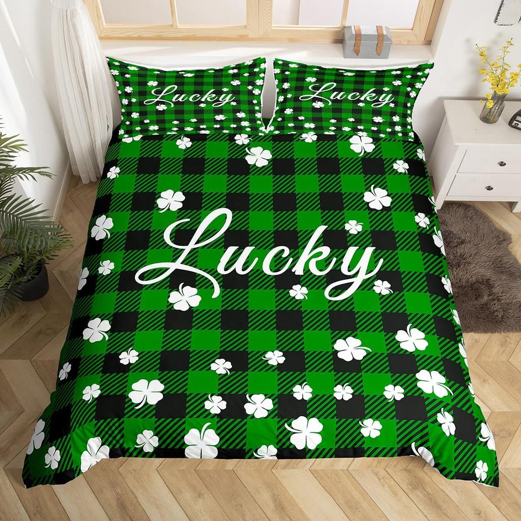 St. Patrick's Day Duvet Cover Queen Cartoon Green Clover Leaves Quilt Cover Holiday Spring Lucky Theme Bedding Set for Dorm Room