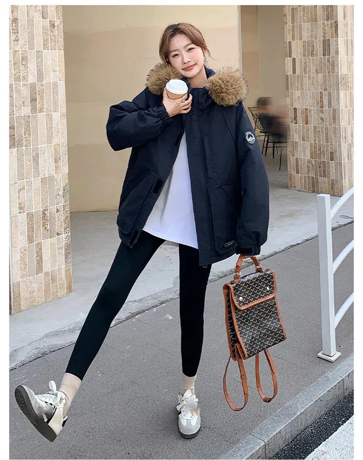 Damekåpe for høst og vinter Ensfarget Hette Pelskrage Kort Løs Fortykket Vindtett Fasjonabel Damejakke