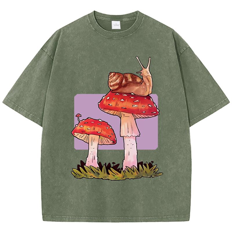 Snail Mushroom Creative Printed Womens Washed T Shirts Cotton Hip Hop T-Shirt Casual Y2K Soft Sportswear Loose Clothes