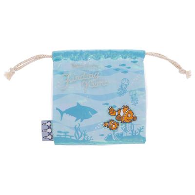 Marushin Drawstring Pouch, Disney Finding Nemo Sparkling Ocean Aurora Fabric, Woven Label, Seagull, Fish, Ocean Creatures Print, Embroidered, Dory,