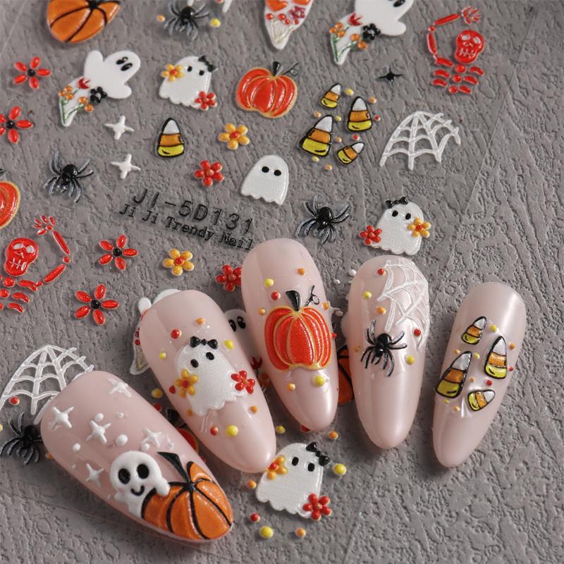 1 Feuille Autocollante Décalcomanies pour Ongles Autocollants Halloween 5D texturés pour Ongles avec Motifs Fantôme Citrouille Sorcière Curseur Manucure