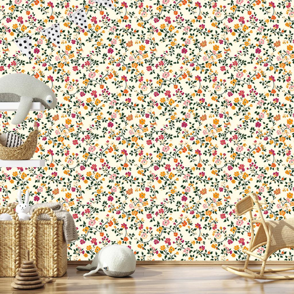 Wallpaper Small Flowers Cream and Lime for Living Room and Bedroom 50x1000
