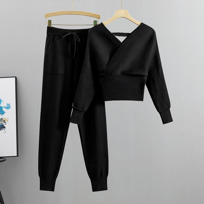 Trening elegant Set două piese sexy pentru femei în stil coreean tricotat cu nervuri Top fără spate și costum lung harem cu pantaloni ținute de toamnă y2k