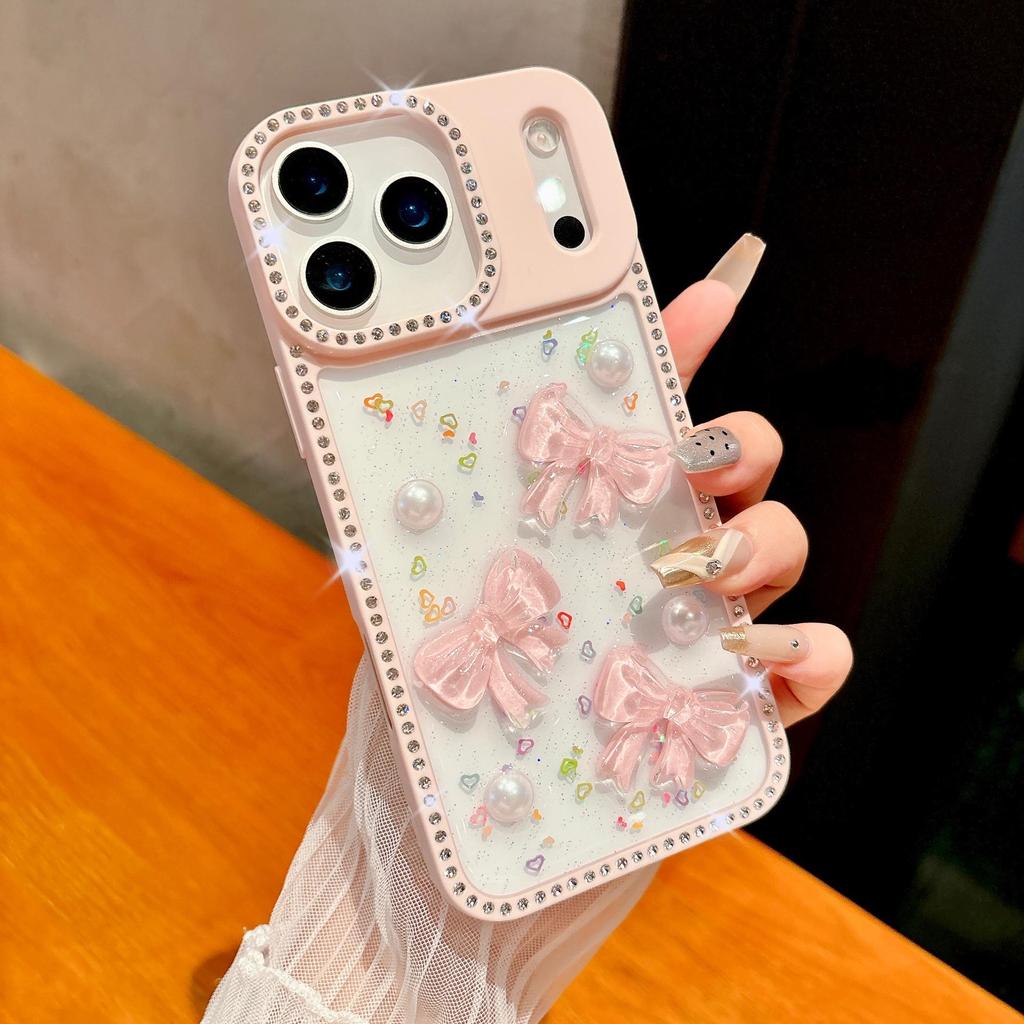Capa de Celular Epoxy com Glitter da Apple com Laço para Modelos de iPhone 15, 16 Pro Max e 17 Air