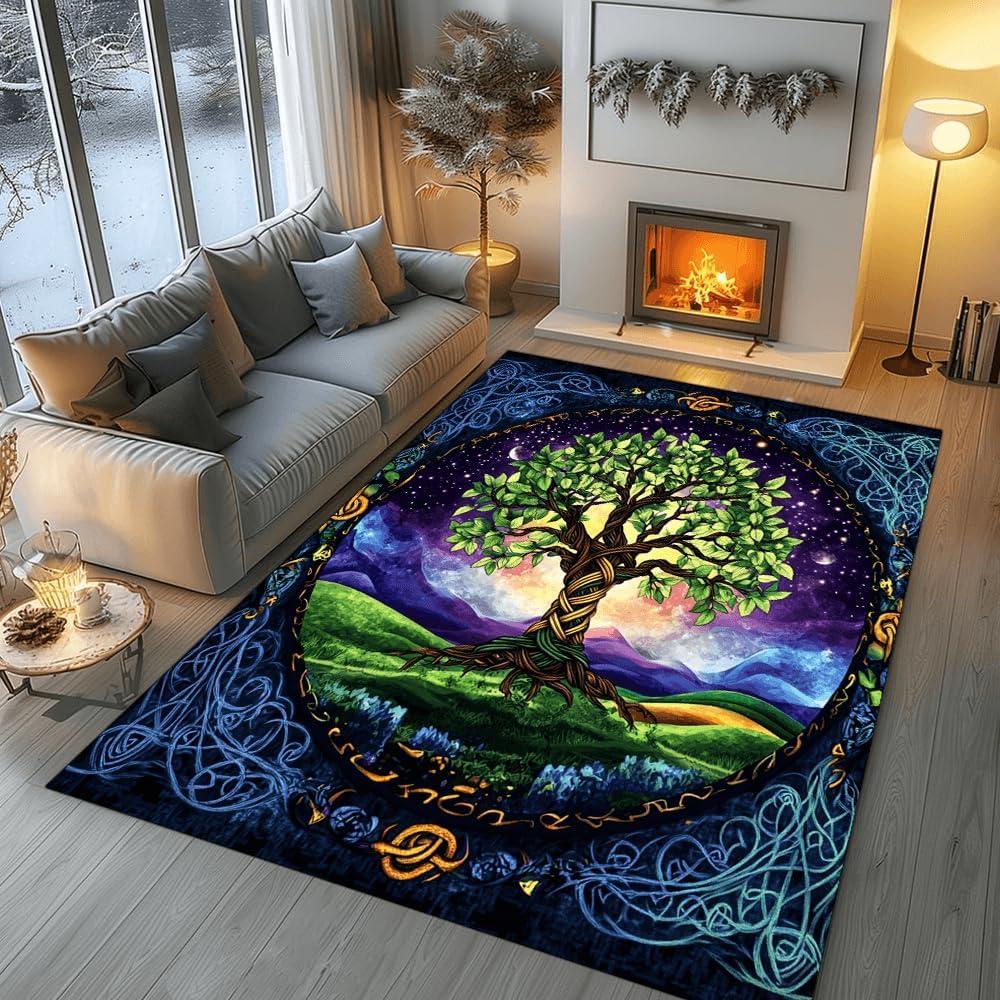 

Tree of Life Rug, Emerald Green Rug, Botanical Area Carpet, Gold Detail Rug, Nature Decor Mat, Elegant Living Room Floor Mat 40x60cm