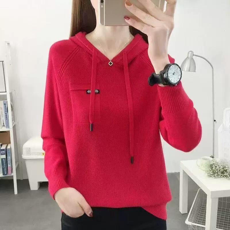 Spring and Autumn Hooded Knitted Sweater Women's Fashionable Western Style Loose Sweater Bottom Coat Women's Top