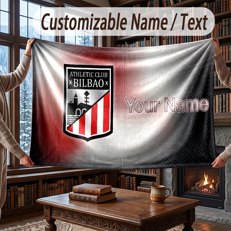 Custom Name Flannel Throw Blanket Athletic Bilbao FC Pattern Warm Home Decoration