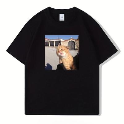 A 100% Cotton Short-sleeved T-shirt and Fashionable Top with a Printed Picture of a Male Internet Celebrity Cat Going Viral