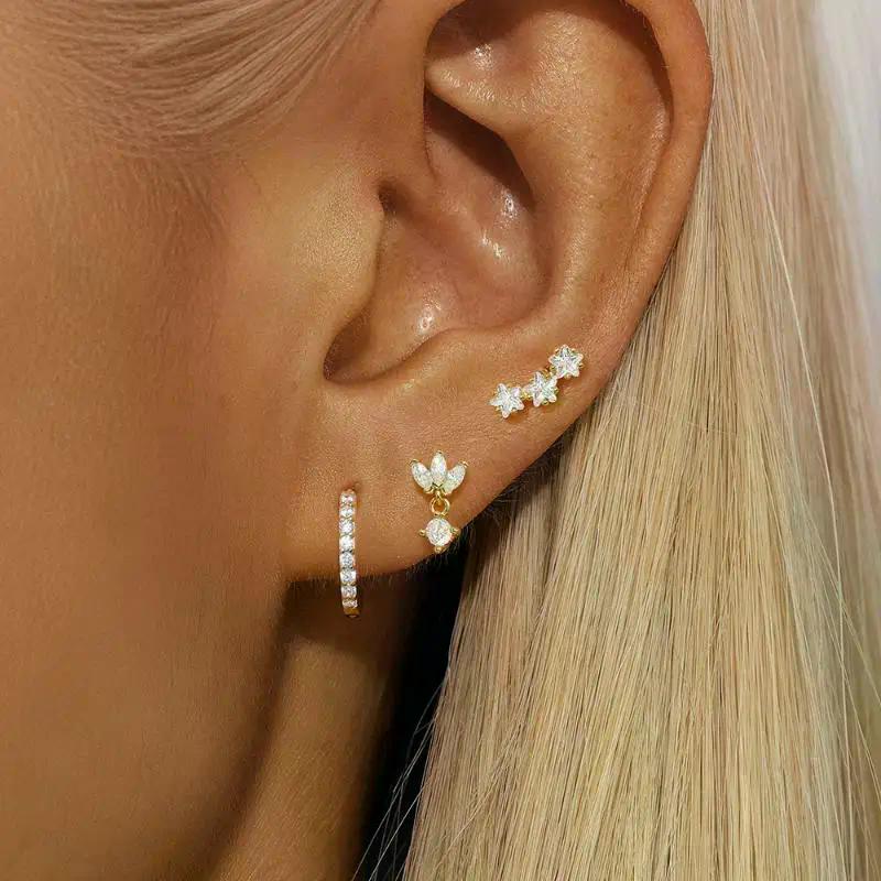 3PCS Fashion Cute Zircon Flower Ear Stud For Women Fashion 18K Gold Plated Star Ear Stud Earring Piercing Girl Set Jewelry Gift