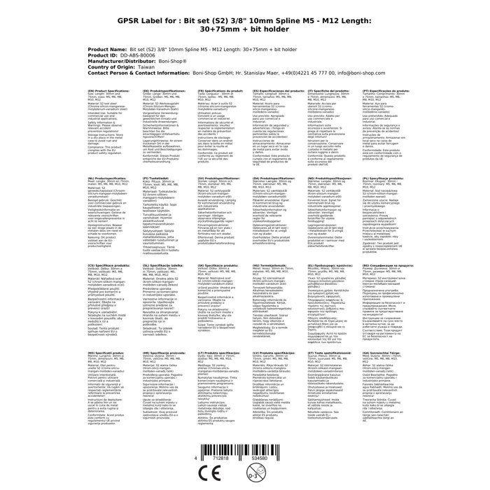 Coffret d'embouts Spline M5-M12 en Acier S2 avec Support 3/8