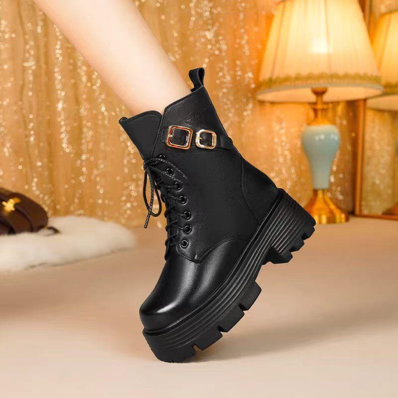 British winter velvet cotton Martin boots women's rivets medium tube high heel locomotive short boots knight thick heel fashion boots