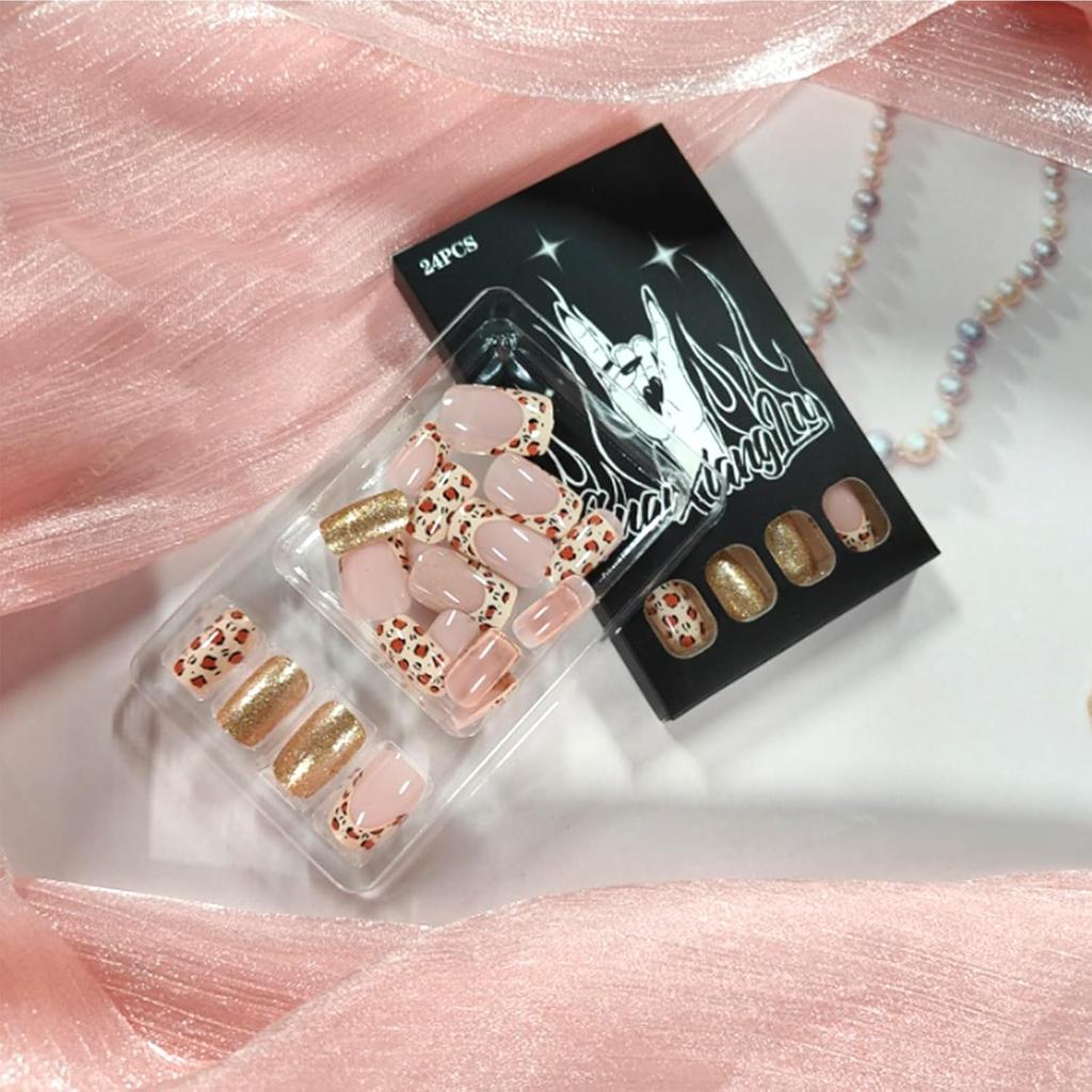 Leopard Print French Tip Press on Nails Medium Square Fake Nails with Gold Glitter Designs Acrylic Glue on Nail Pink Glossy False Nails Full Cover