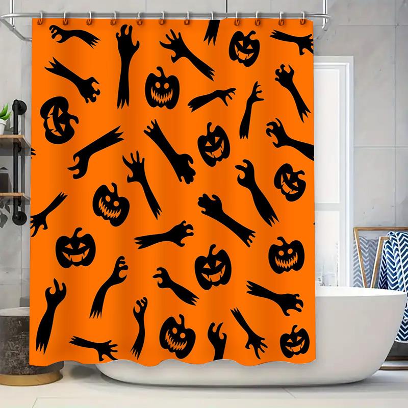 Halloween Orange Shower Curtain with Spooky Pumpkins Ghosts Decorative Bathtub Cover for Halloween Party Decoration Supplies In