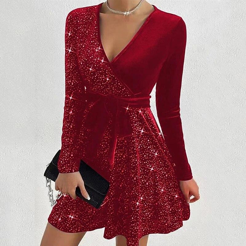 2024 vestido cruzado de lentejuelas con cuello en V de manga larga