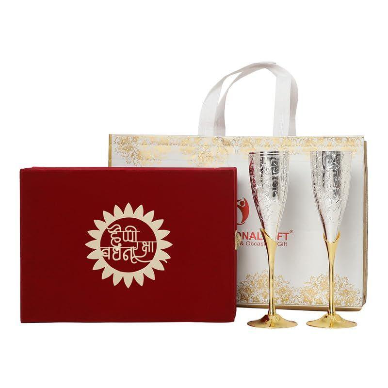 

German Silver Wine Glass/Winee Goblet Set of 2 Pieces Glass with Happy Raksha Bandhan Tag with Velvet Box and Carry Bag