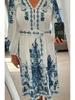 New Autumn Women Bohemian Dress Blue Print V-Neck Long Lantern Sleeve Elegant Belt Holiday Vestidos Fashion