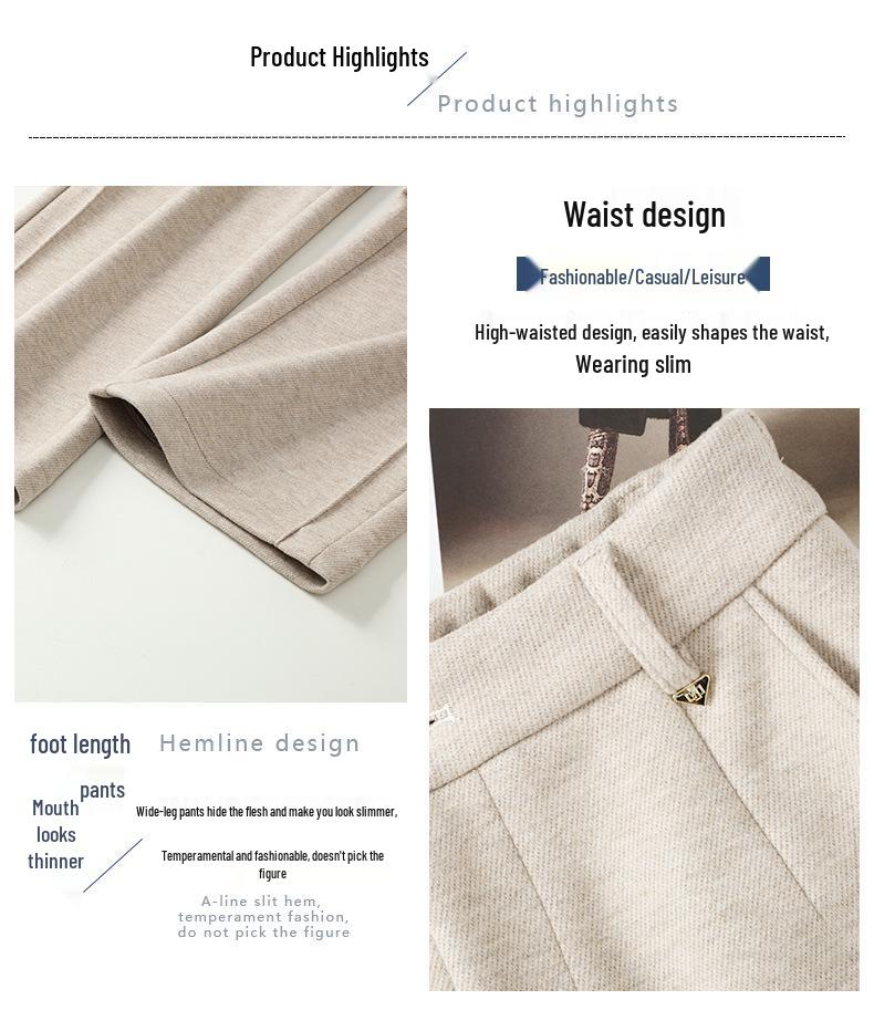 Oatmeal Wool Wide-Leg High-Waisted Slimming Pants for Autumn 2025