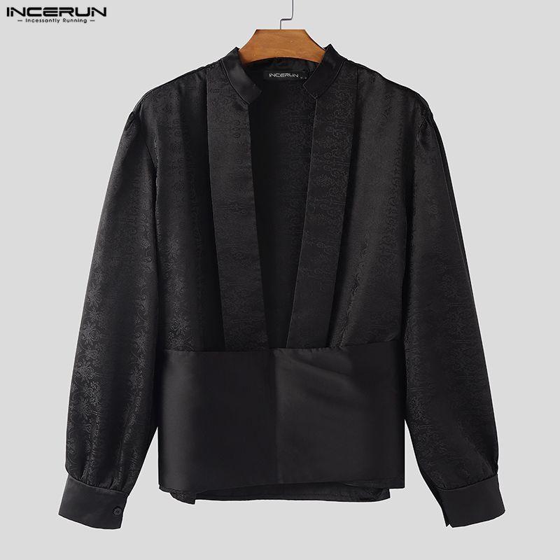 INCERUN Mens Deep V Neck Long Sleeve Floral Patchwork Front Cross Casual Elegant Crop T-shirts