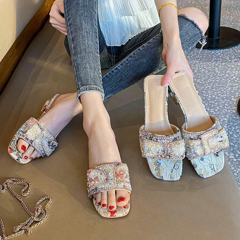 Red slippers women's tide wear thick heel non-slip rhinestones summer 2025 new printed outdoor women's sandals shoes
