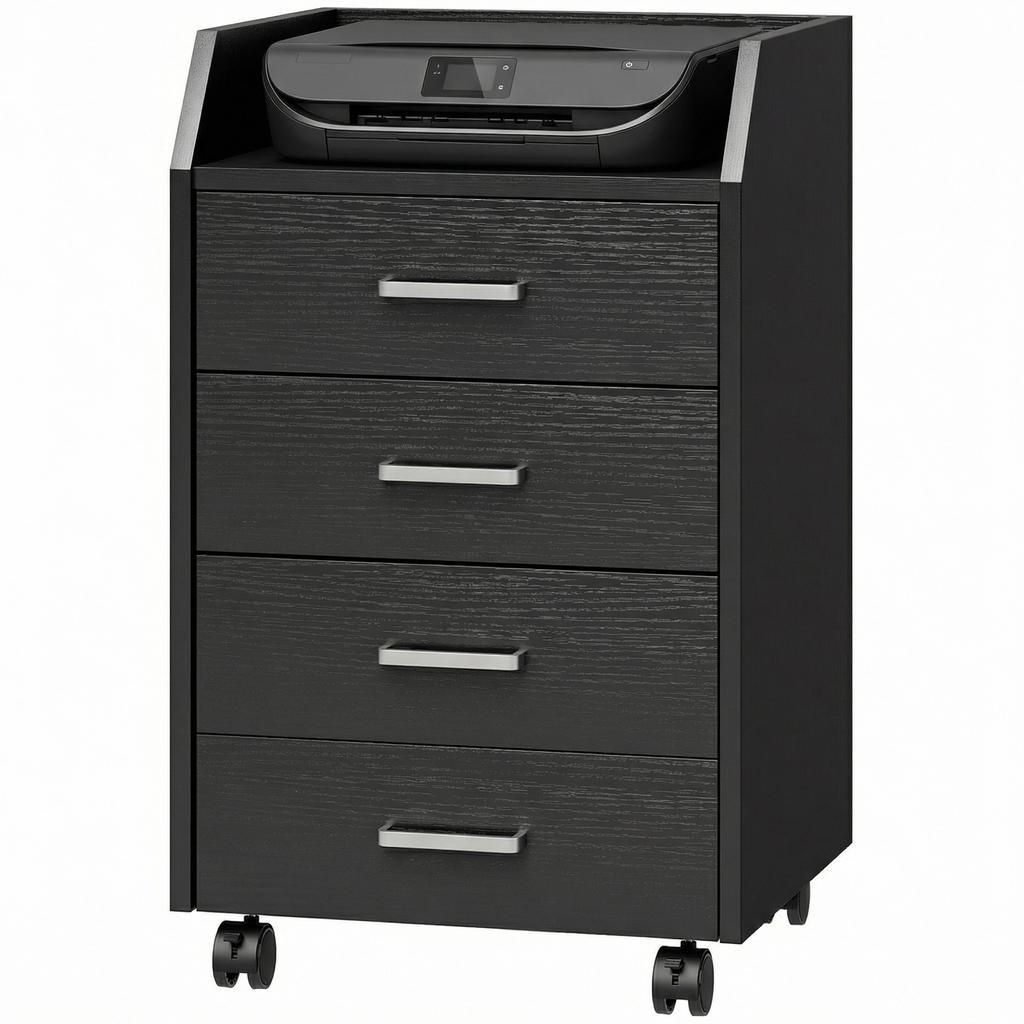Office Storage Unit on Casters, 4 Sliding Wooden Drawers, 40 x 36 x 65 cm, Black