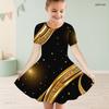 Girls Round Neck Short Sleeve Floral Tree Printed A Line Flared Black Dress
