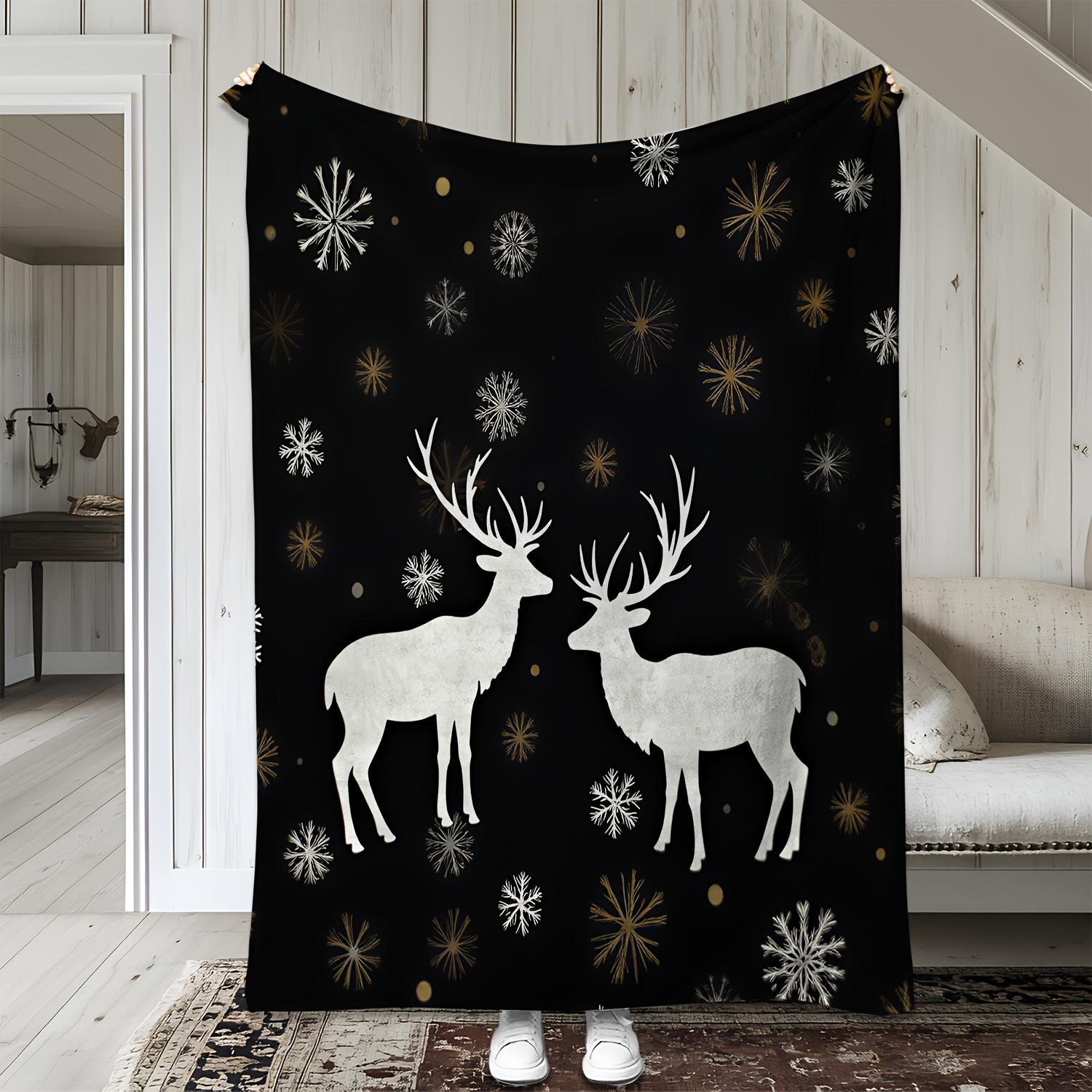 

1pc Zeal Lily Retro Winter Christmas Minimalist Black & Golden Deer Snowflake Flannel Blanket - Soft Cozy All-Season Throw for B 75x90cm