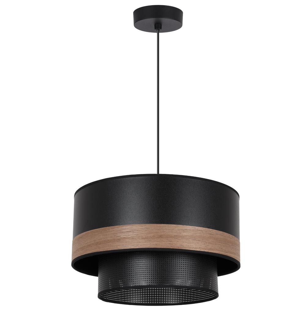 Wood Duo Black Hanging Lamp, 1-Flat Mesh Lampshade, Walnut Veneer