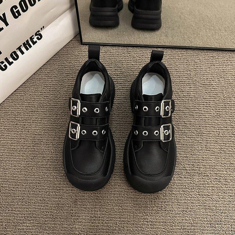 Buckle Small Leather Shoes for Women Autumn New Thick Bottom Heightened Single Layer Shoes Women Sweet Cool Color Matching Pu Set Feet Loafers