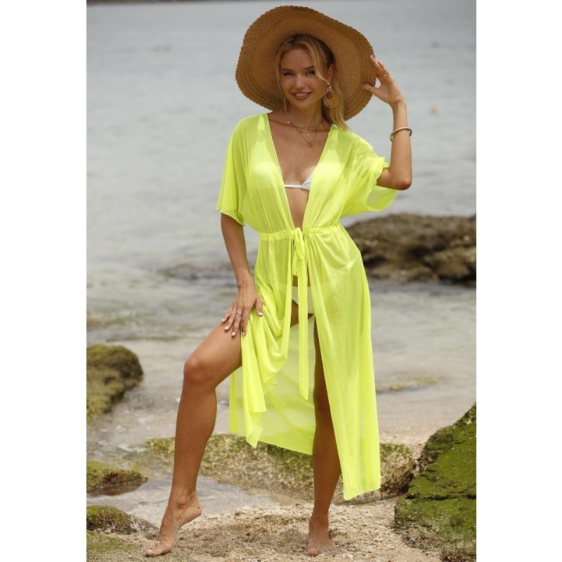 

Женский пляжный солнцезащитный ремешок с разрезом на талии, прозрачный сетчатый бикини-кардиган, накидка one size флуоресцентный зеленый