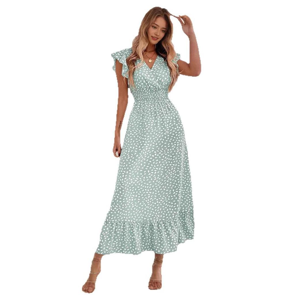 Robe longue à col en V cintrée à la taille avec manches à volants pour femme, Collection Printemps/Été (803).