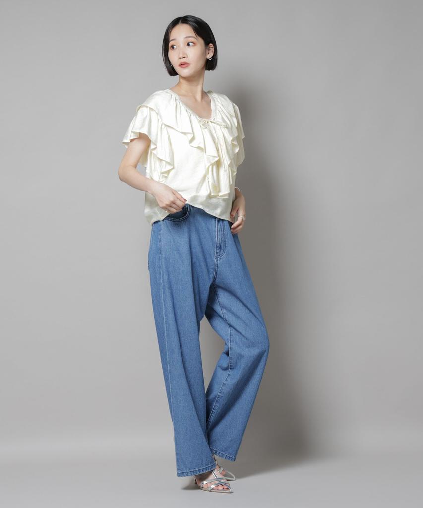 Nano Universe Frill Detail Front Size F Women's Lace-Up Blouse, Ivory, 037, 673-5221307