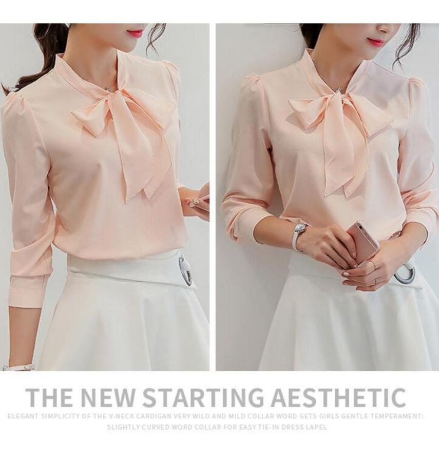 Summer Autumn Women Pink White Chiffon Blouse Fashion Korean Style Bow Tie Collar Ladies Shirt Office Casual Long Sleeve Base Top