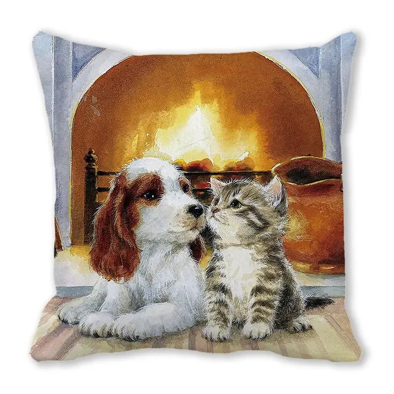 Urocza poszewka na poduszkę z nadrukiem zwierzęcym kota i psa do dekoracji sofy w salonie domowym, kwadratowa poszewka 45x45cm