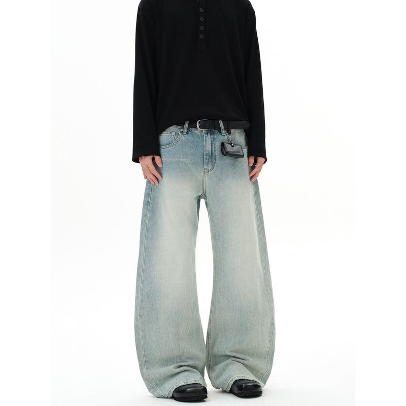 Kisko New American-Style Washed Cracked Gradient Scimitar Jeans for Men and Women, Trendy Brand, Cool and Loose Straight-Leg Pants