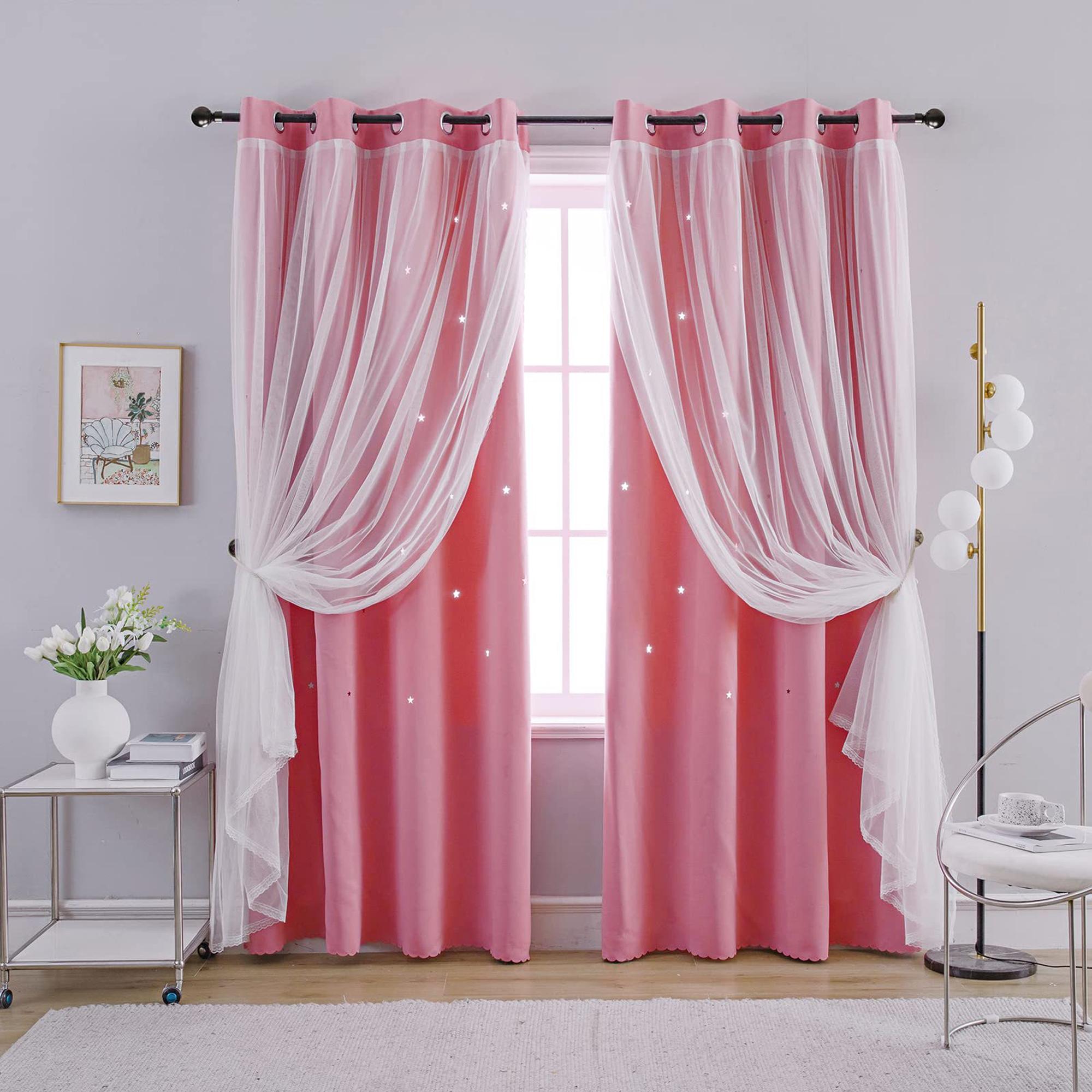 1 stuk Roze Dubbellaagse Gordijnen Met Doorzichtig Stof, voor Woonkamer, Slaapkamer, Verduisterend, Blokkeert UV 1pc W100xL200 cm&Rod pocket roze