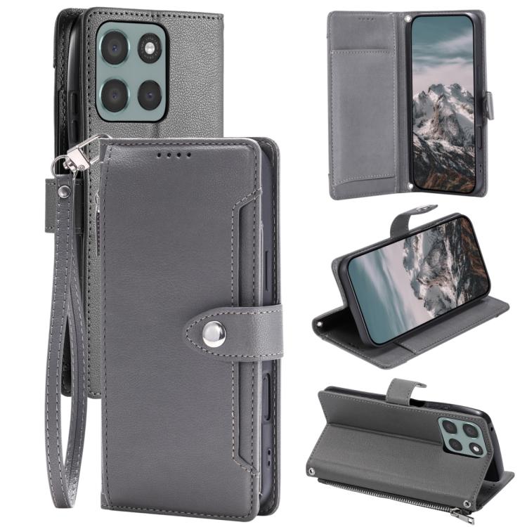 Cheaper Price for Motorola Moto G56 5G Litchi Texture Zipper Wallet Buckle Vegan Leather Phone Case with Wrist Strap