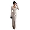 Autumn Winter Irregular Neckline Solid Color Knit Texture Maxi Dress Women Mature Style French Retro Patchwork Slim Sexy Elegant Women Maxi Dress