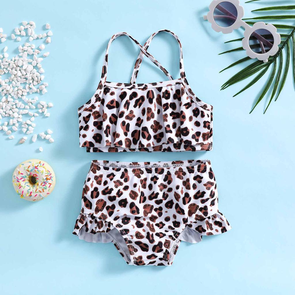 Sporty Puff Sleeve Leopard Print Girls' Two-Piece Swimsuit