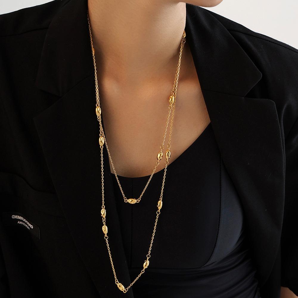 Golden Double-layered Beaded Sweater Chain, Elegant and High-end Layered Necklace 18K Gold Plated Stainless Steel