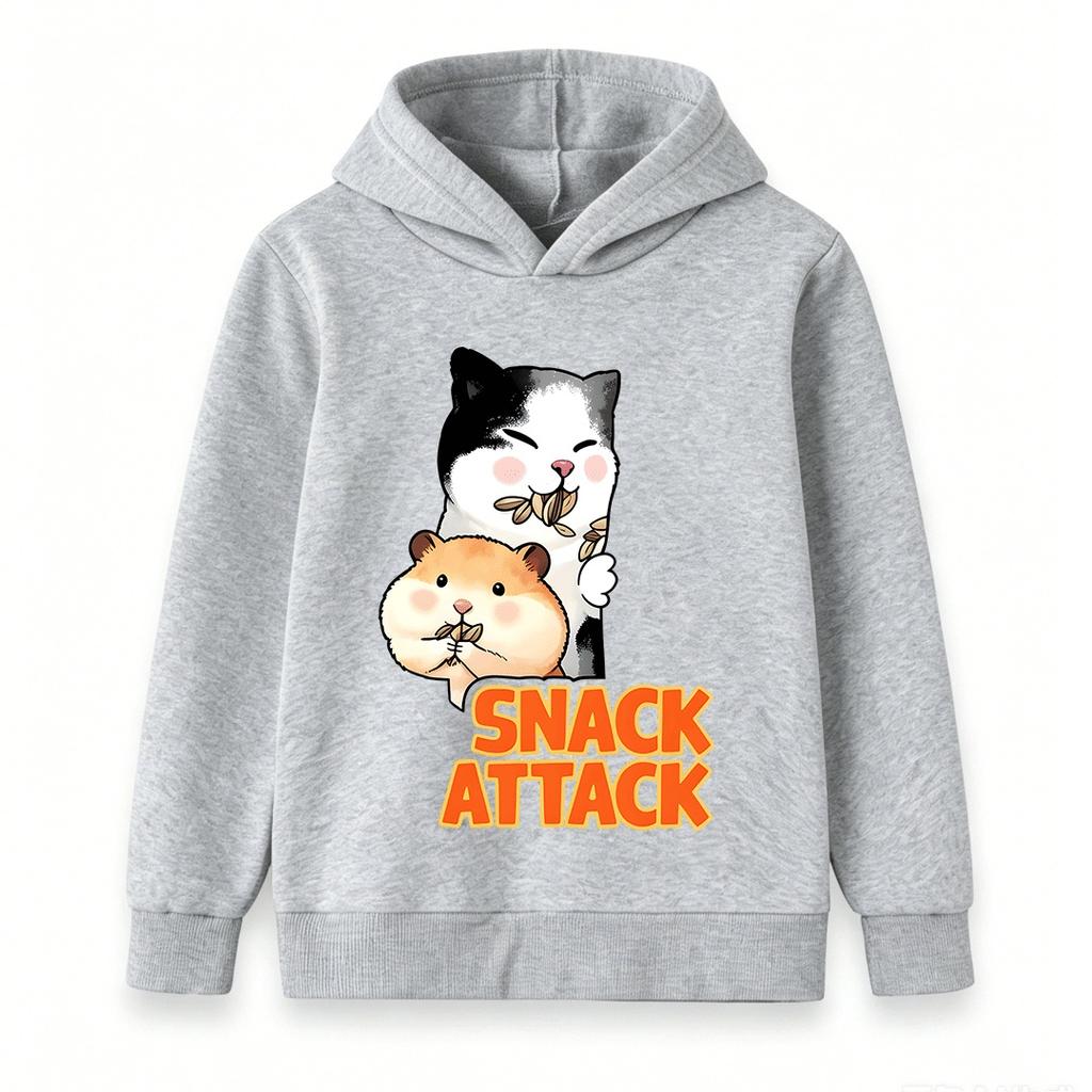 Kids Boys Girls Hoodie, Cute Cat Hamster Snack Attack Print Casual Long Sleeve Pullover Sweatshirt for Daily Wear