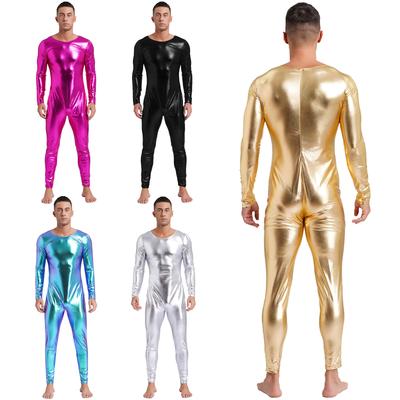 Pánský kovový lesklý unitard s dlouhým rukávem, slim fit, celotělový taneční kostým