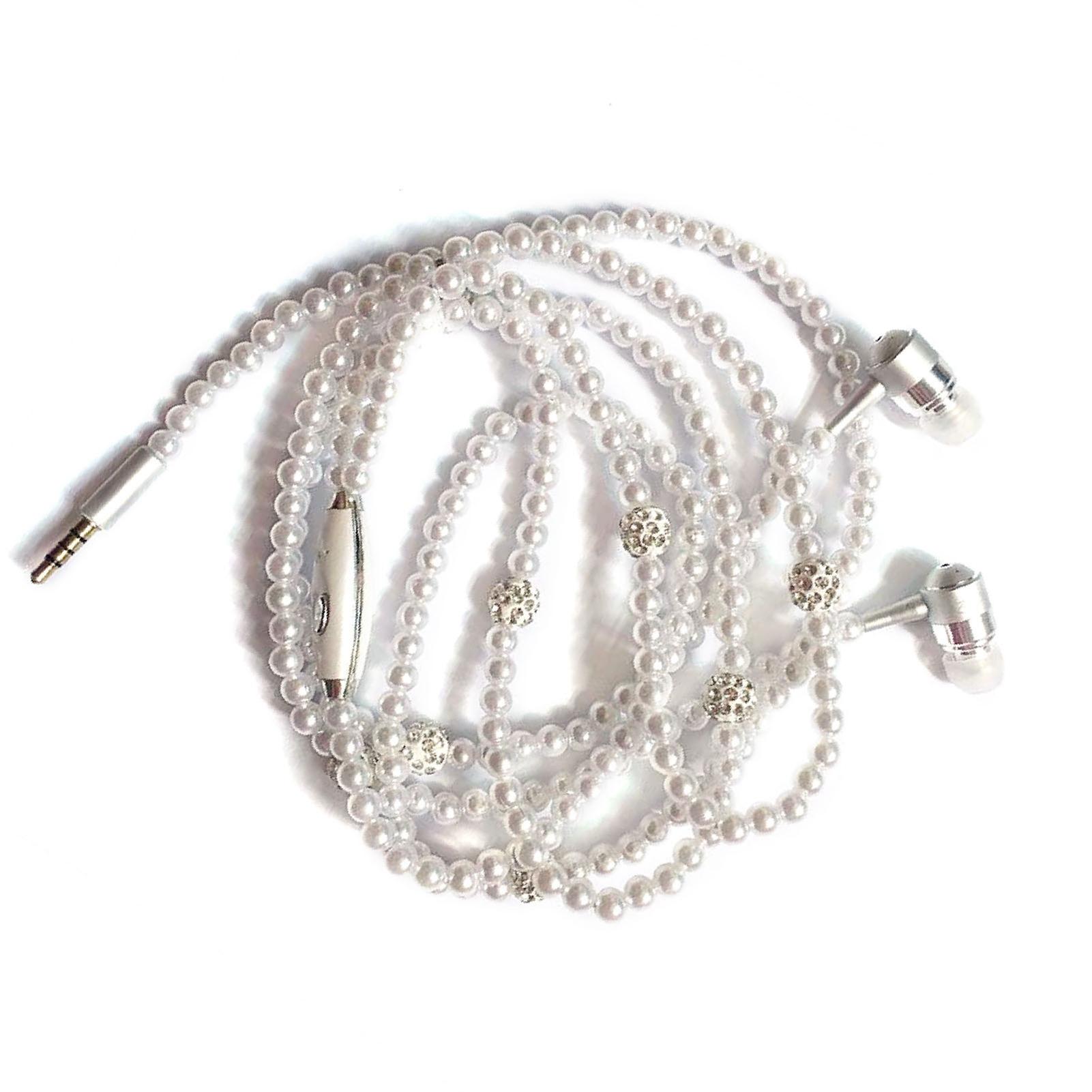 

Jewelry Pearl Necklace Stereo Earphones with Microphone 3.5mm In ear Headphone Wired Headset Earbuds for Phone Girls белый