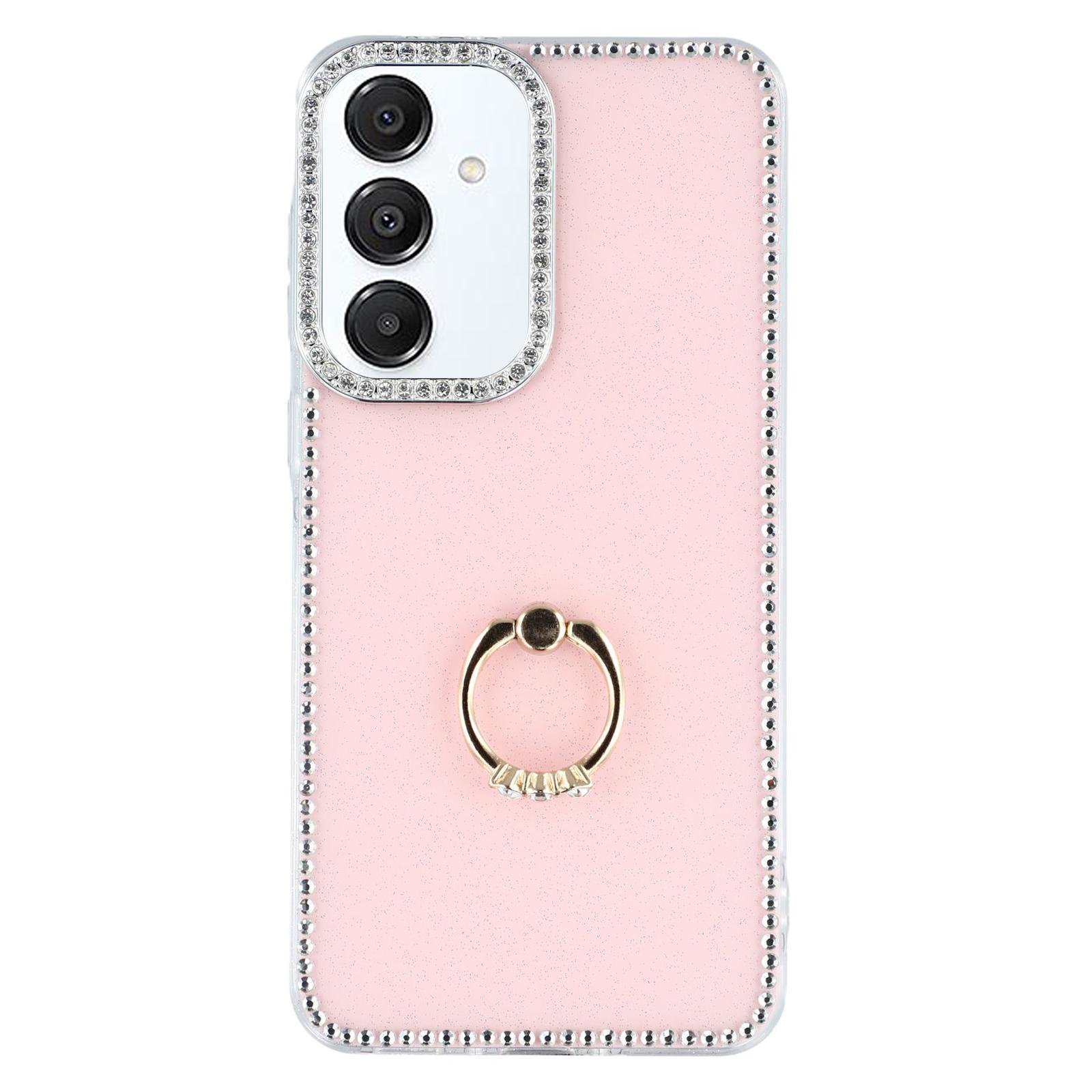 

For Samsung Galaxy S25/S24 Case with Ring Kickstand Rhinestone Edge TPU+PC IMD Phone Cover Glitter Light Pink