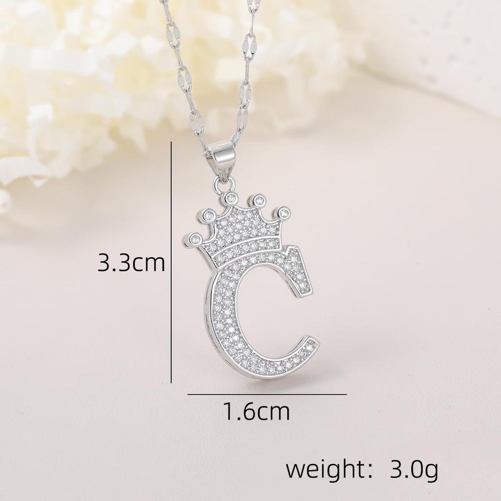 Copper Micro-Inlaid Zircon Crown Letter Pendant Necklace - Hip-Hop Silver Fashion